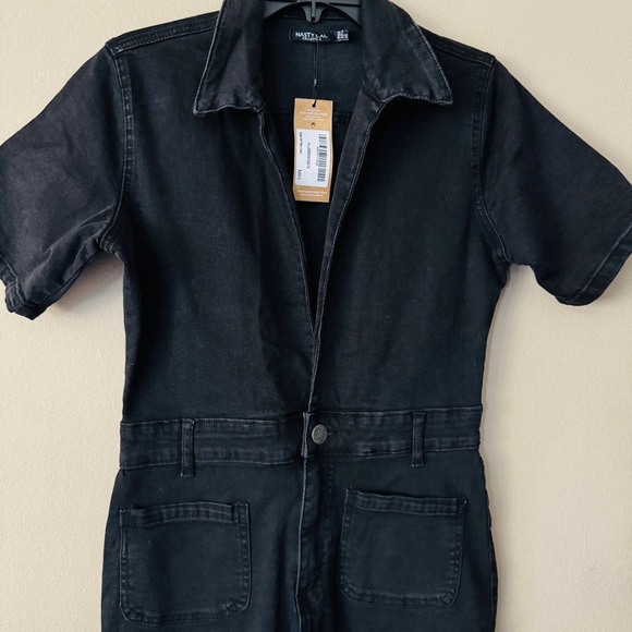 NWT Nasty Gal Collection Black Deep V Neck Denim Boilersuit Jumpsuit Size 8 - Picture 7 of 10